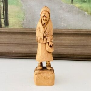Quebec Folk Art Wood Carving Old Woman Statue By J.C. Pelletier Artist Signed